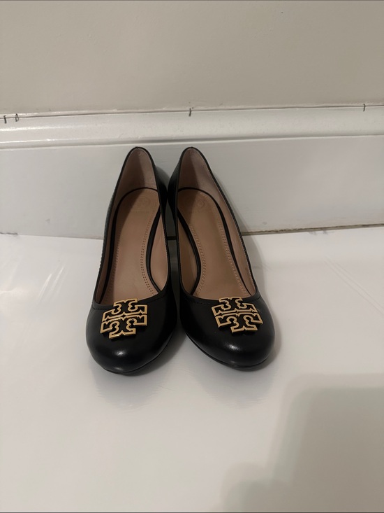 Tory Burch Shoes - Never Been Worn Tory Burch Black Leather Logo Wedge Pump with Gold Emblem.